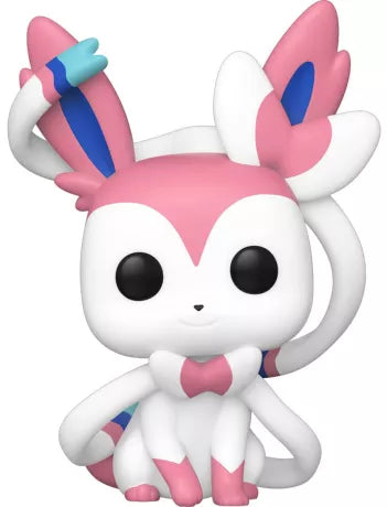 Funko Pop! PokĂ©mon â Sylveon / Nymphali (N°857). Nymphali assis avec rubans roses et bleus, regard doux et design fĂ©erique. Figurine dĂ©taillĂ©e pour les fans PokĂ©mon.