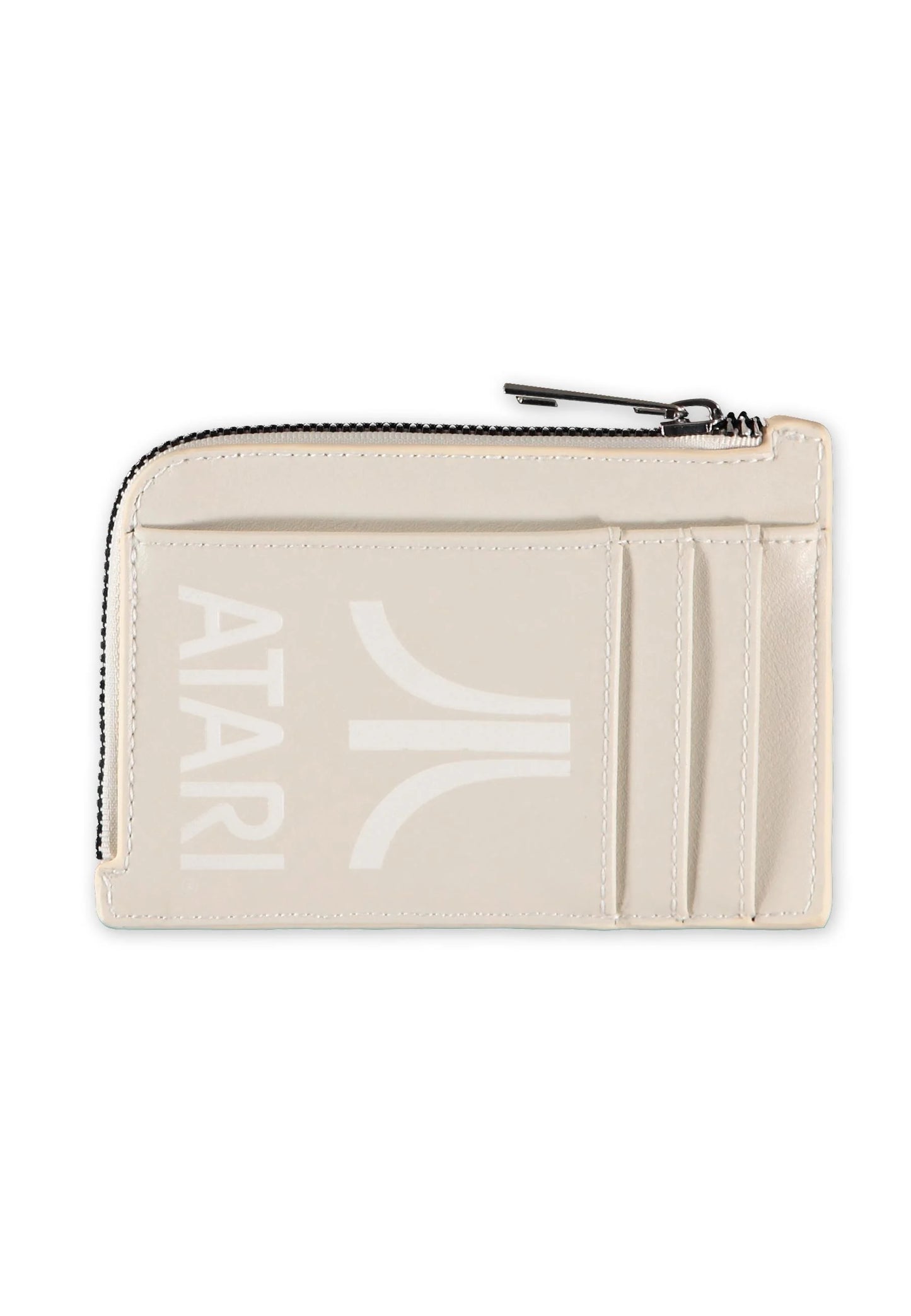 Porte-cartes Atari Vardity officiel. Portefeuille zippé blanc cassé et bleu marine avec logo Atari en relief, format compact et sécurisé pour cartes.