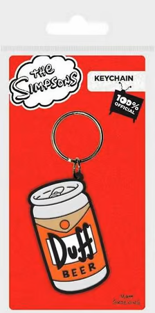 Porte-clé Les Simpsons – Duff Beer. Accessoire en caoutchouc avec logo de la bière Duff, sous licence officielle. Idéal pour les fans d’Homer Simpson et de la série culte.