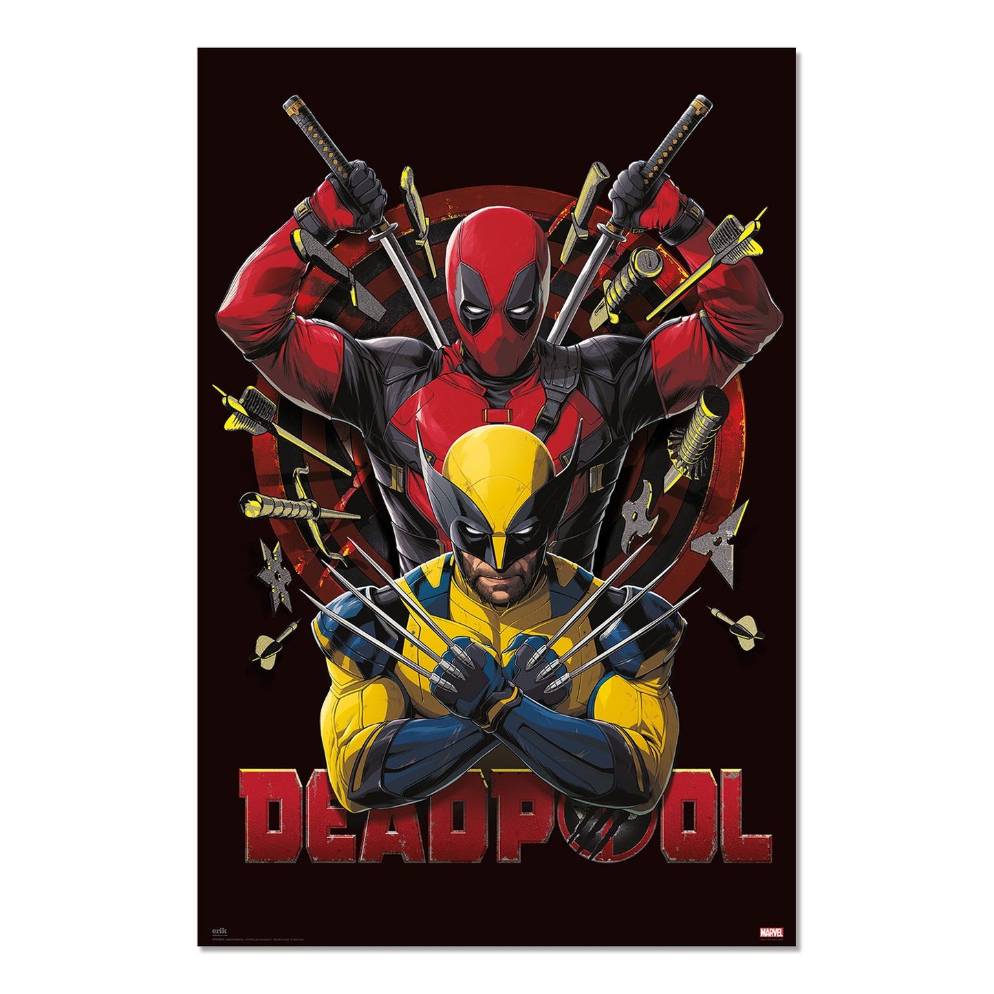 Poster Marvel – Deadpool & Wolverine – Fight – 61 x 91 cm – Officiel. Illustration dynamique avec Wolverine en avant-plan, griffes croisées, et Deadpool armé de katanas derrière lui.