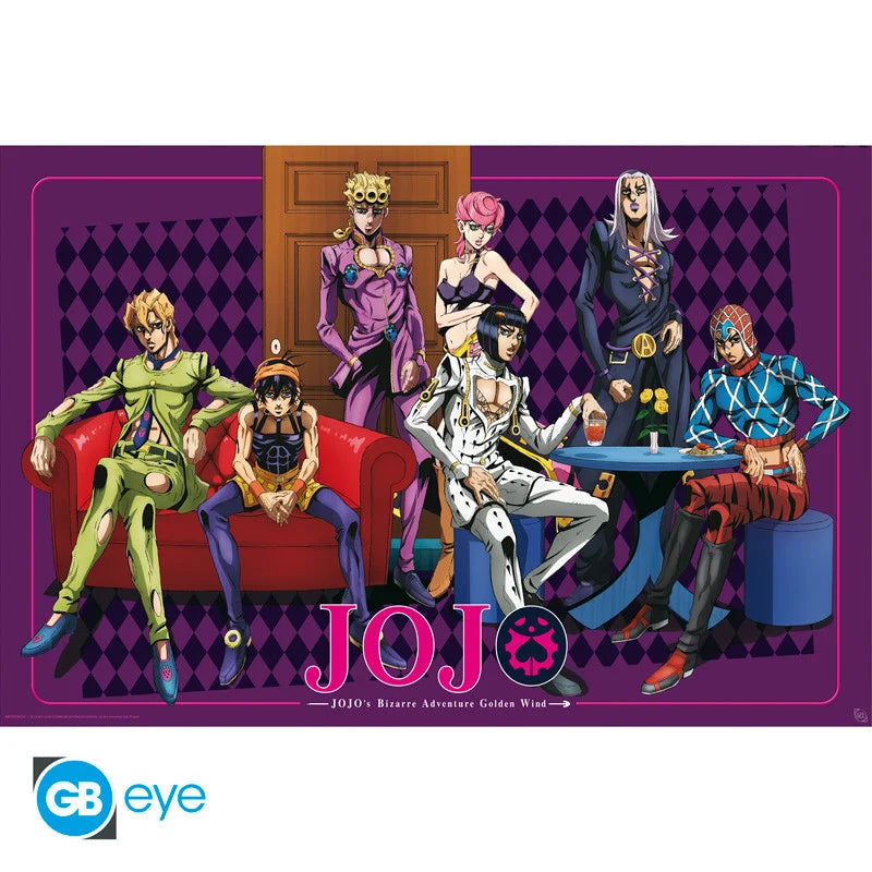Poster JoJo’s Bizarre Adventure – Golden Wind Team – 91 x 61 cm. Illustration de Giorno Giovanna et de l’équipe de Bucciarati réunis dans un décor stylisé.