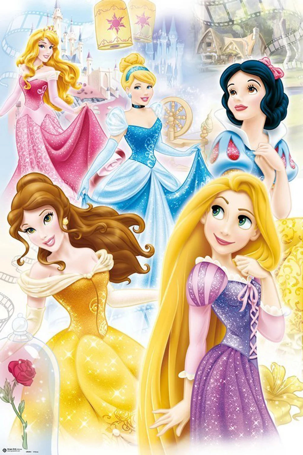 Poster Princesses Disney â Groupe â 61 x 91 cm. Illustration colorĂ©e rĂ©unissant Aurore, Cendrillon, Blanche-Neige, Belle et Raiponce.