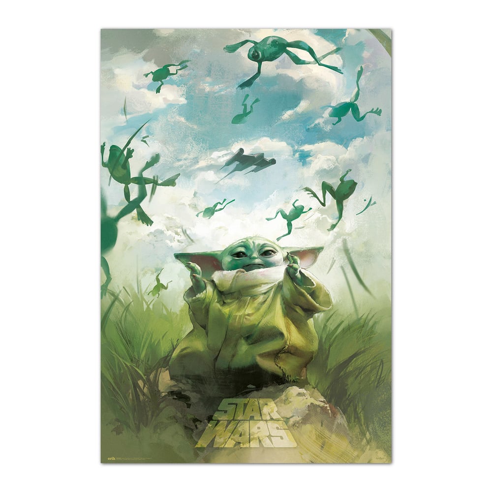 Poster Star Wars – Grogu s’entraînant – 61 x 91 cm – Officiel. Grogu (Bébé Yoda) utilise la Force pour faire léviter des grenouilles dans une scène culte de The Mandalorian. Un must-have pour les fans de Star Wars.