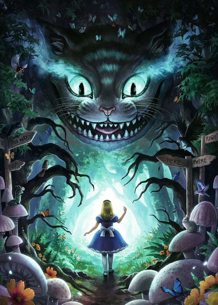 Puzzle Alice au Pays des Merveilles – Cheshire Cat – 1000 pièces – 50 x 70 cm – Ravensburger. Illustration magique et sombre du célèbre chat et d’Alice dans la forêt. Un puzzle immersif et original pour les fans du Pays des Merveilles.