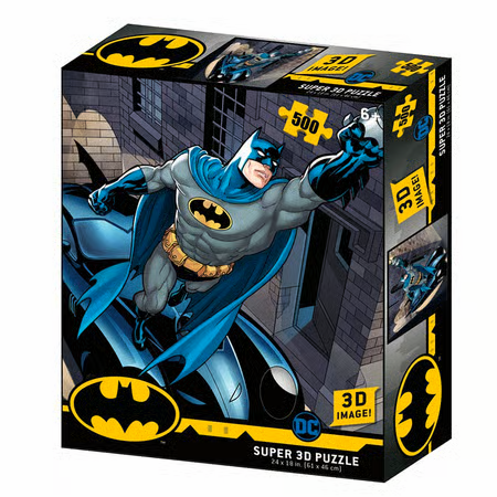 Puzzle DC Comics – Batman et sa Batmobile – 500 pièces – 61 x 46 cm – Effet 3D lenticulaire. Batman en pleine action avec sa Batmobile dans une scène urbaine dynamique. Un puzzle collector parfait pour les fans de Batman et de l’univers DC