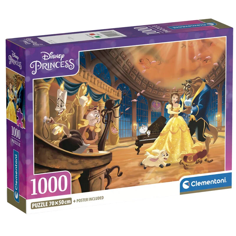 "Puzzle Disney Princess – La Belle et la Bête – 1000 pièces – Clementoni. Illustration féérique de la scène de la salle de bal avec Belle et la Bête entourés de leurs amis enchantés. Un moment magique à assembler pièce par pièce."
