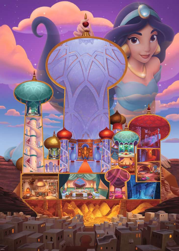 Puzzle Disney – Jasmine – Castle Collection – 1000 pièces – Ravensburger. Illustration détaillée du palais d’Agrabah et de la princesse Jasmine dans une ambiance féerique. Un puzzle enchanteur pour les fans de l’univers Disney