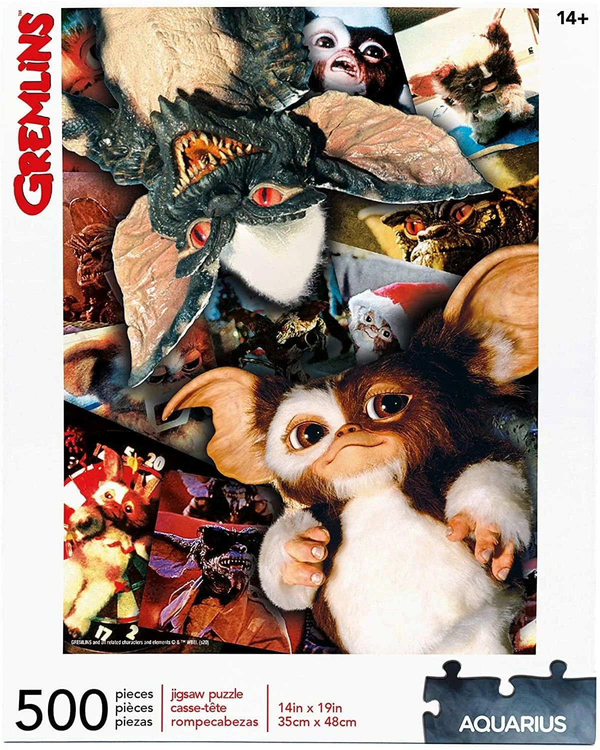 Puzzle Gremlins – 500 pièces – Aquarius. Visuel dynamique rassemblant Gizmo et les Gremlins dans diverses scènes cultes. Un casse-tête rétro parfait pour les fans du film et les amateurs de puzzles.