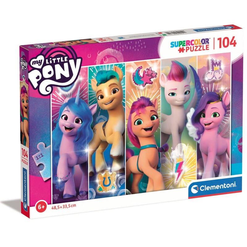 Puzzle My Little Pony – 104 pièces – 48,5 x 33,5 cm – Clementoni. Illustration colorée avec les poneys emblématiques. Un puzzle idéal pour les enfants et fans de la série.