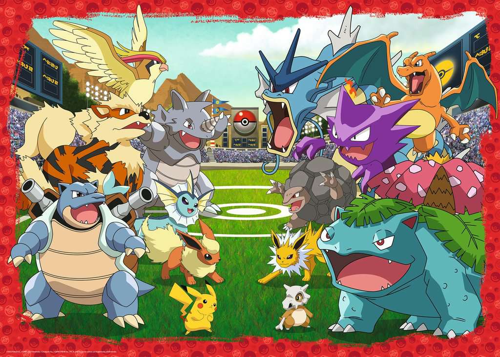 Puzzle Pokémon – Combat légendaire – 1000 pièces – 70 x 50 cm – Ravensburger. Illustration dynamique de Pokémon emblématiques en pleine bataille dans une arène. Un puzzle collector idéal pour les fans de Pokémon.