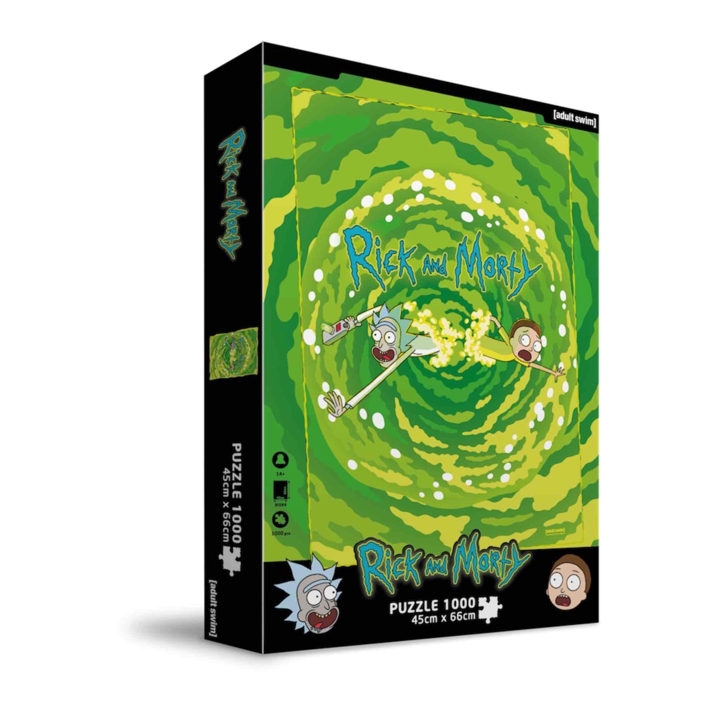 "Puzzle Rick et Morty – 1000 pièces – SD Toys. Illustration du portail vert avec Rick et Morty projetés en avant. Un puzzle coloré et déjanté pour les fans de la série culte."