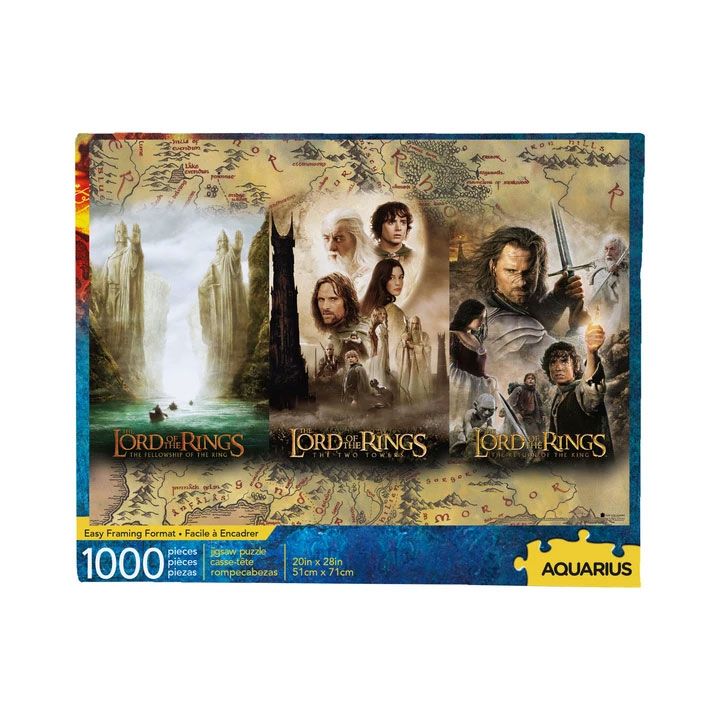 Puzzle Le Seigneur des Anneaux – Trilogie – 1000 pièces – Aquarius. Puzzle représentant les affiches des trois films emblématiques avec fond de carte de la Terre du Milieu. Un hommage visuel pour tous les fans de la saga