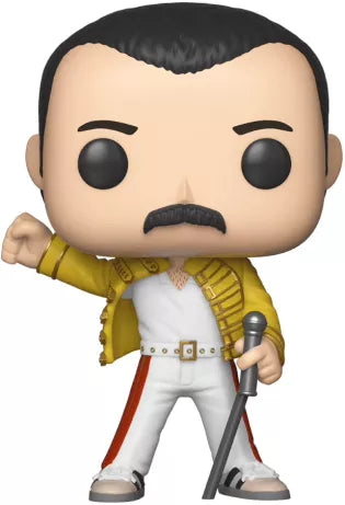 Funko Pop! Rocks Freddie Mercury Wembley 1986 â Queen. Figurine reprĂ©sentant Freddie Mercury en tenue jaune iconique lors du concert lĂ©gendaire de Wembley pendant le Magic Tour.