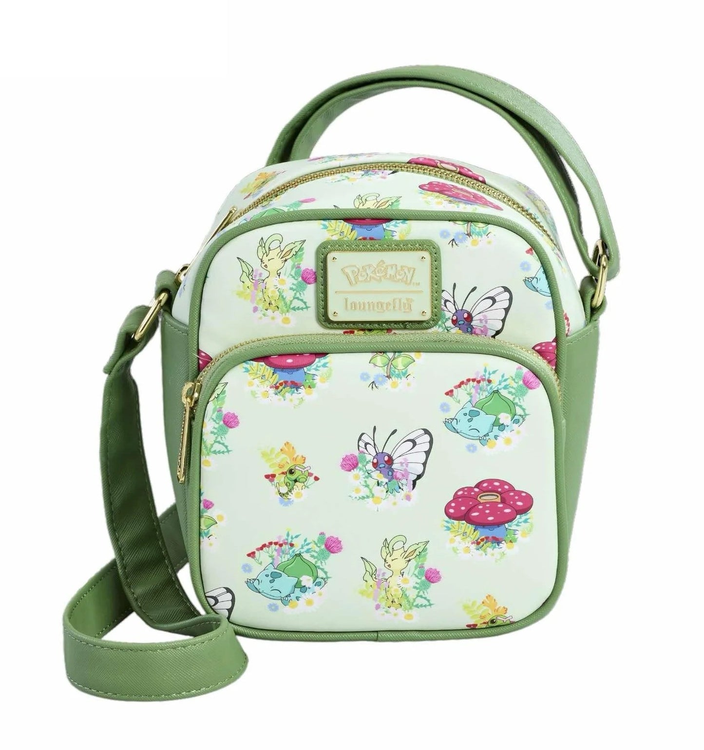 Sac bandoulière Loungefly – Pokémon Type Plante – 23 x 27 x 6 cm. Sac vert pastel avec Pokémon Bulbizarre, Joliflor, Ortide et Papilusion sur fond floral, doublure Poké Balls et marguerites.