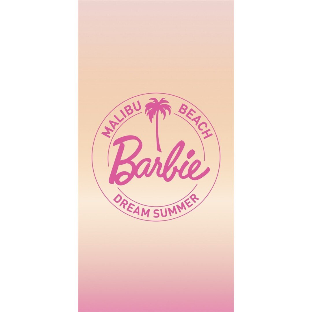 Serviette Barbie Malibu Beach – 140 x 70 cm – 100 % coton. Dégradé rose et orangé avec logo Barbie Dream Summer. Un accessoire estival parfait pour les fans de Barbie.