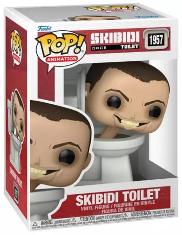 Funko Pop! Skibidi Toilet (N°1957). Figurine reprĂ©sentant le personnage culte avec tĂȘte humaine sortant dâune cuvette blanche. Une piĂšce fun et absurde inspirĂ©e de la web-sĂ©rie virale Skibidi Toilet.