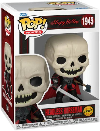 Funko Pop! Sleepy Hollow â Headless Horseman (N°1945 CHASE). Figurine du Cavalier sans tĂȘte avec crĂąne osseux, Ă©pĂ©e et hache, tenue noire et cape rouge.