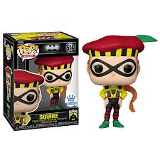 "Funko Pop! Batman – Squire (514). Squire avec son costume coloré, son béret rouge distinctif et son masque noir emblématique. Une figurine rare et dynamique pour les fans de l'univers Batman !"
