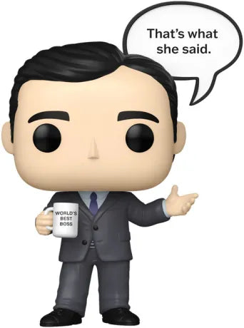 Funko Pop! The Office â Michael Scott (Thatâs What She Said.) â N°1773. Figurine avec costume gris, tasse âWorldâs Best Bossâ et bulle de dialogue emblĂ©matique. Parfaite pour les fans de la sĂ©rie.