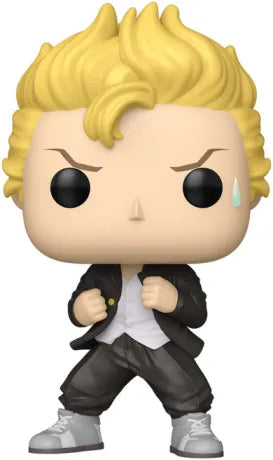 Funko Pop! Tokyo Revengers â Takemichi Hanagaki (N°2131). Figurine du hĂ©ros en posture de combat, costume noir et expression dĂ©terminĂ©e.