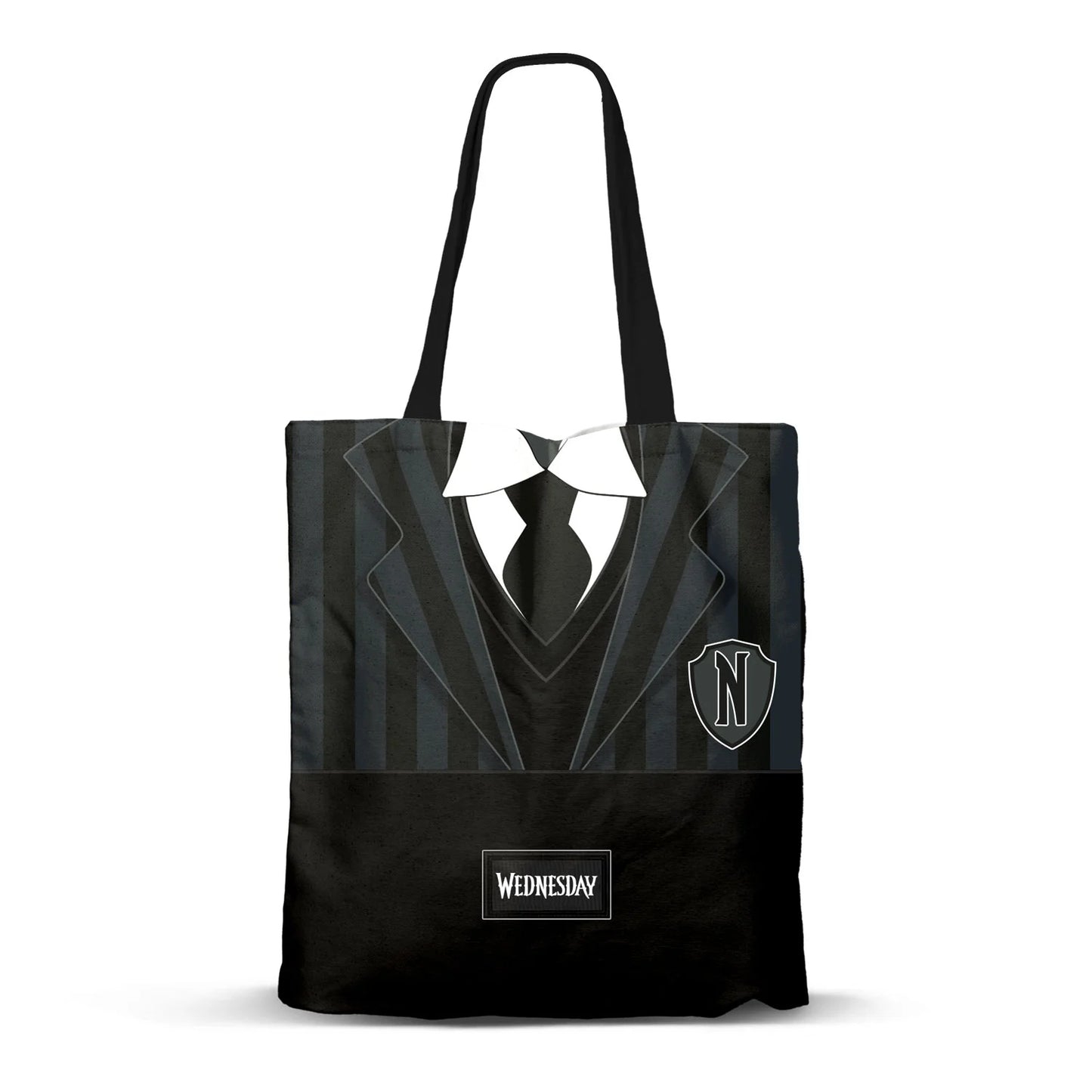 Tote bag premium Mercredi Oxford Uniform â 33 x 40 cm. Sac shopping noir inspirĂ© de lâuniforme de Mercredi Addams, avec doublure intĂ©rieure et poche intĂ©grĂ©e.
