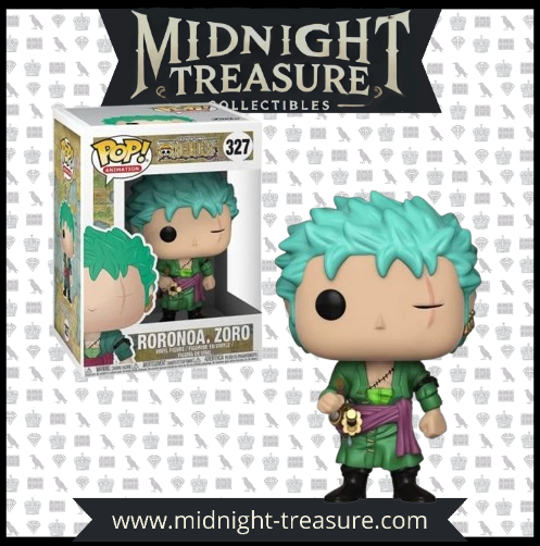 "Funko Pop! One Piece 327 - Roronoa Zoro. Figurine exclusive représentant l’épéiste des Mugiwara avec son kimono vert et ses trois sabres. Design fidèle et détaillé, idéal pour collectionneurs et fans de One Piece."