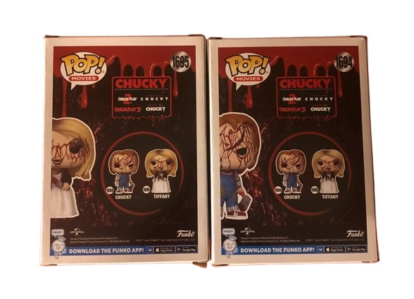 "Funko Pop! Chucky – Chucky (1694) & Tiffany (1695). Les célèbres poupées possédées avec leurs cicatrices emblématiques et un design effrayant. Un duo incontournable pour les fans de films d'horreur et de la saga Chucky !"

