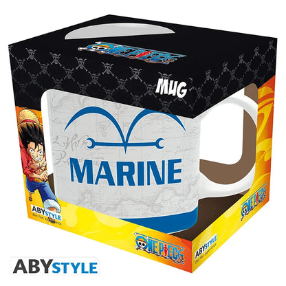 Mug One Piece – Marine – 320 ml. Mug en céramique avec le Vice-Amiral Garp et le logo de la Marine, produit officiel ABYstyle