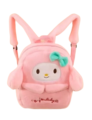 "Sac à Dos My Melody – Sanrio Kawaii. Sac en peluche douce avec design adorable de My Melody, en rose pastel avec un nœud vert menthe. Parfait pour ajouter une touche kawaii à votre quotidien tout en transportant vos essentiels avec style !"

