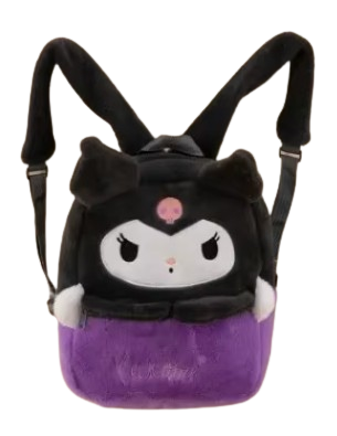 "Sac à Dos Kuromi – Sanrio Kawaii. Sac en peluche doux avec design adorable de Kuromi, combinant des tons noirs et violets pour un look unique. Idéal pour transporter vos essentiels avec style et ajouter une touche kawaii à votre quotidien !"

