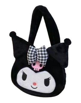 "Sac à Main Kuromi – Sanrio Kawaii. Sac en peluche doux avec design audacieux de Kuromi, incluant un nœud à carreaux et des détails mignons. Parfait pour ajouter une touche originale et kawaii à votre style !"

