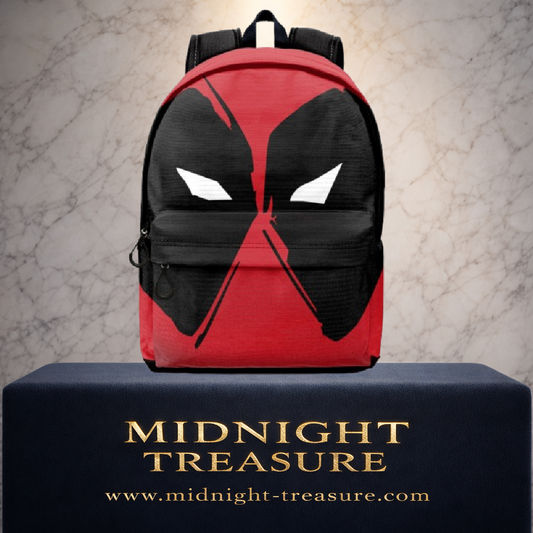 Sac à dos officiel Marvel Deadpool HS Fan 3.0 de 44 × 31 × 18 cm représentant le masque iconique rouge et noir de Deadpool avec grand compartiment et poche frontale zippée.