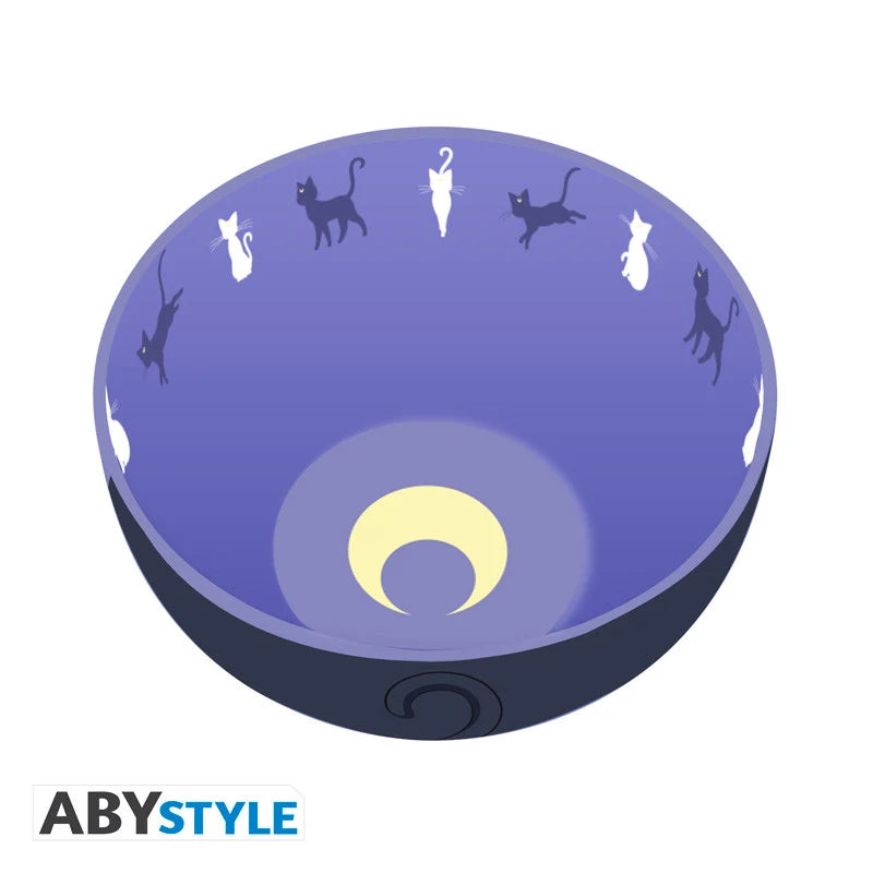 Bol Sailor Moon – Luna – 600 ml – ABYstyle. Design avec Luna et silhouettes de chats, lune jaune au fond. Bol en céramique officiel Sailor Moon.