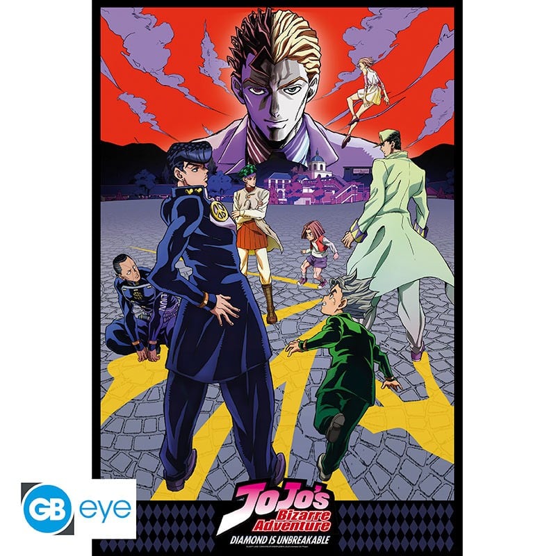 Poster JoJo’s Bizarre Adventure – Diamond is Unbreakable – 91 x 61 cm – Officiel. Josuke et ses amis se tiennent prêts face à Yoshikage Kira sous un ciel rouge intense.