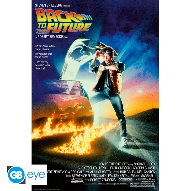 Poster Retour vers le futur – Affiche du film – 91 x 61 cm. Illustration iconique de Marty McFly devant la DeLorean avec traînée de flammes.