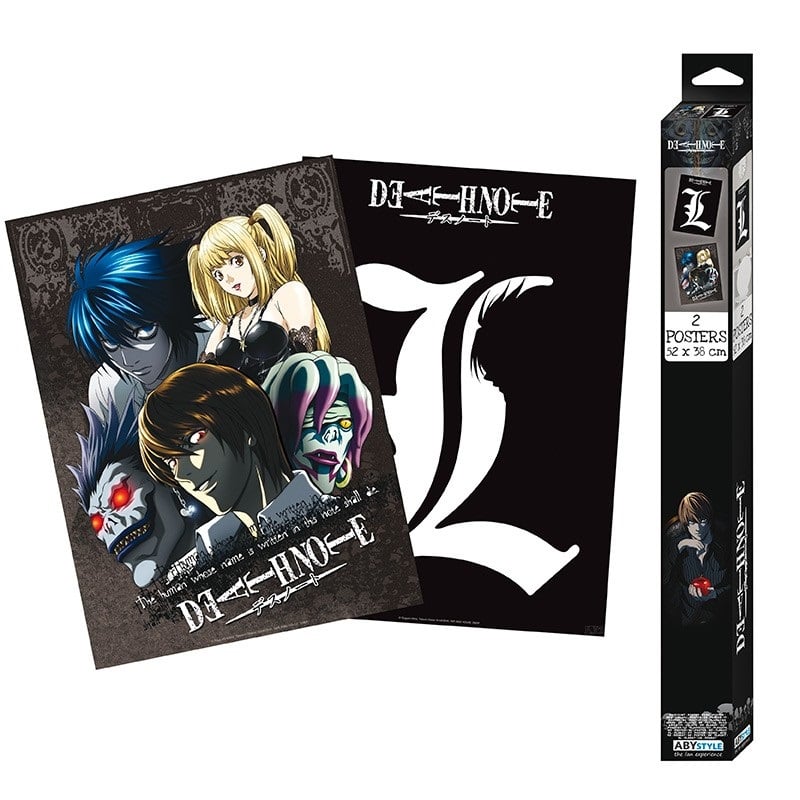 Set de 2 posters Death Note – 52 x 38 cm – Officiel ABYstyle. Poster 1 : Light, L, Misa, Ryuk et Rem. Poster 2 : Logo “L” blanc sur fond noir. Un pack parfait pour les fans de Death Note.