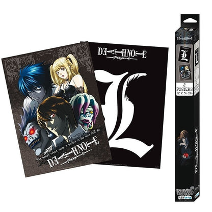 Set de 2 posters Death Note – 52 x 38 cm – Officiel ABYstyle. Poster 1 : Light, L, Misa, Ryuk et Rem. Poster 2 : Logo “L” blanc sur fond noir. Un pack parfait pour les fans de Death Note.