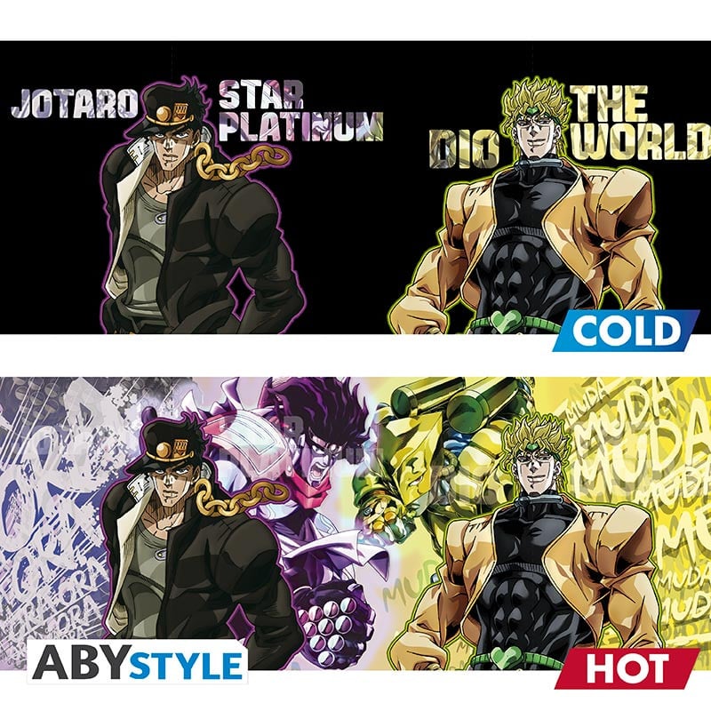 Mug thermoréactif JoJo’s Bizarre Adventure – Jotaro vs Dio – 460 ml – ABYstyle. Mug en céramique changeant d’apparence à la chaleur. Le duel emblématique entre Jotaro Kujo et Dio Brando.