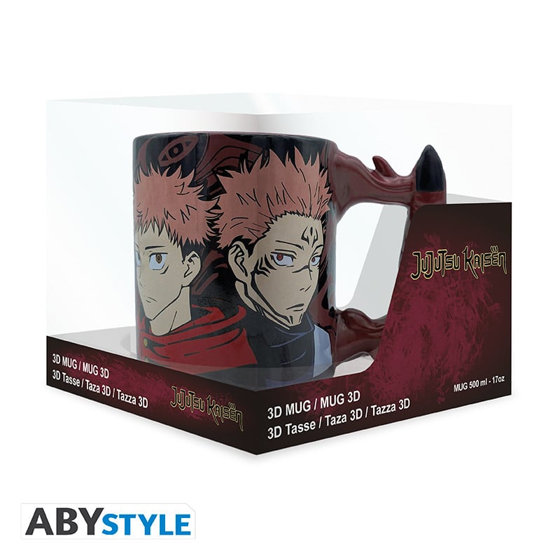 Mug 3D Jujutsu Kaisen – Yuji Itadori & Sukuna – 460 ml – ABYstyle. Mug en dolomite avec anse en forme de doigt maudit et design détaillé. Un objet collector intense pour les fans d’anime.
