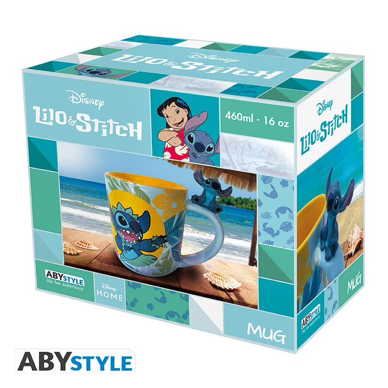Mug Lilo & Stitch – Stitch Hawaïen – 460 ml. Mug 3D en céramique avec figurine Stitch sur l’anse, visuels tropicaux et inscription « Ohana means family », produit officiel ABYstyle.