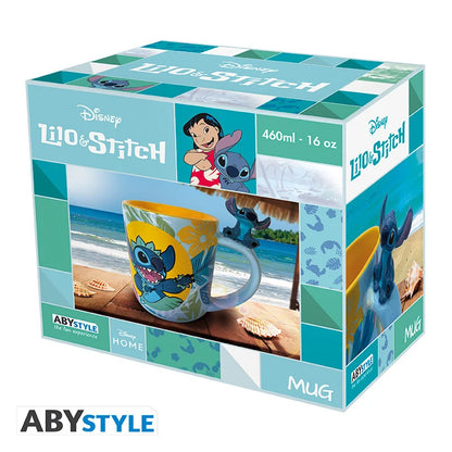 Mug Lilo & Stitch – Stitch Hawaïen – 460 ml. Mug 3D en céramique avec figurine Stitch sur l’anse, visuels tropicaux et inscription « Ohana means family », produit officiel ABYstyle.