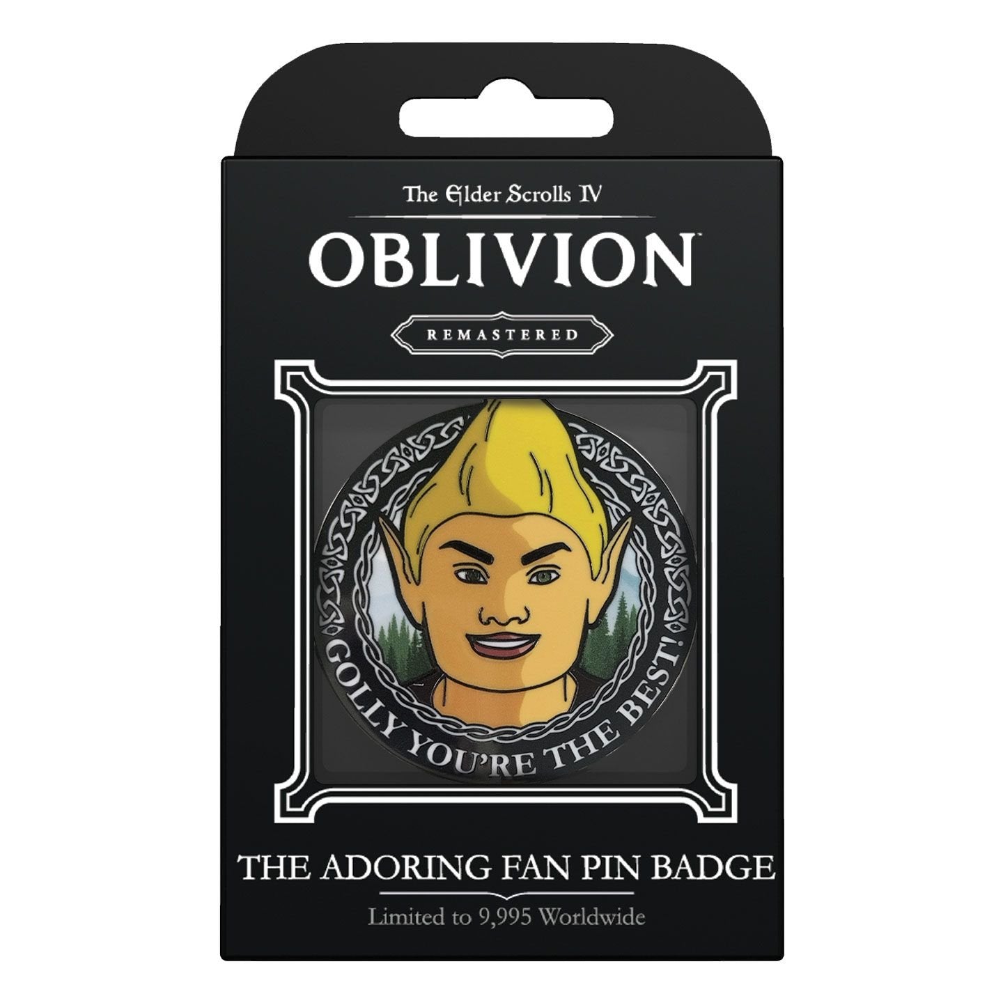 Pin badge The Elder Scrolls IV: Oblivion – The Adoring Fan – édition limitée. Badge en métal nickel noir numéroté individuellement, 45x40,7 mm, inspiré du célèbre PNJ du jeu.