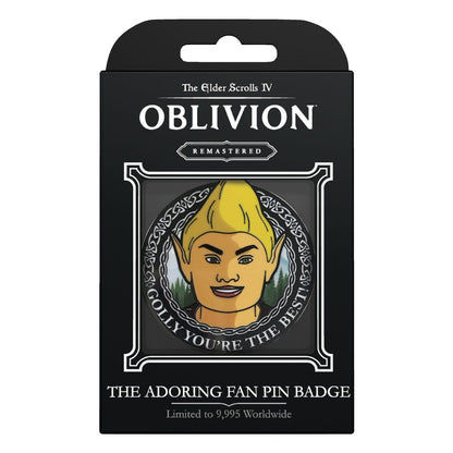 Pin badge The Elder Scrolls IV: Oblivion – The Adoring Fan – édition limitée. Badge en métal nickel noir numéroté individuellement, 45x40,7 mm, inspiré du célèbre PNJ du jeu.