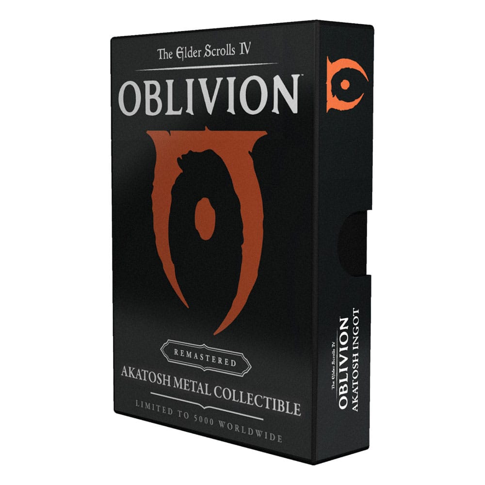 Lingot collector Akatosh – The Elder Scrolls IV: Oblivion, édition limitée à 5000 exemplaires. Métal plaqué nickel noir avec illustration vitrail et présentoir inclus.