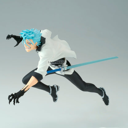 Figurine Bleach – Grimmjow Jaegerjaquez – Vibration Stars – 17 cm – Banpresto. Grimmjow en pleine attaque, sabre bleu à la main et sourire féroce. Une figurine dynamique parfaite pour les fans de Bleach.
