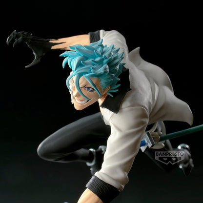 Figurine Bleach – Grimmjow Jaegerjaquez – Vibration Stars – 17 cm – Banpresto. Grimmjow en pleine attaque, sabre bleu à la main et sourire féroce. Une figurine dynamique parfaite pour les fans de Bleach.