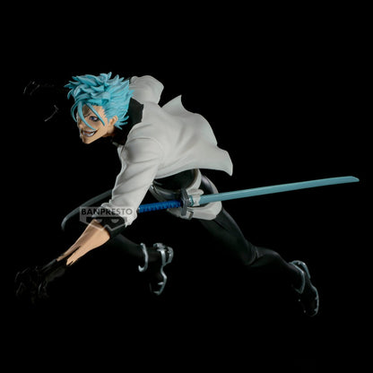 Figurine Bleach – Grimmjow Jaegerjaquez – Vibration Stars – 17 cm – Banpresto. Grimmjow en pleine attaque, sabre bleu à la main et sourire féroce. Une figurine dynamique parfaite pour les fans de Bleach.