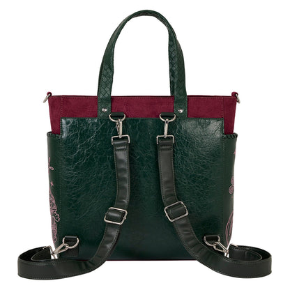 Sac convertible Loungefly – Charmed – Power of Three – 33 x 33 x 10 cm. Sac bordeaux et vert en simili cuir avec détails mystiques et symbole du nœud celtique. Convertible en tote bag ou sac à dos.

