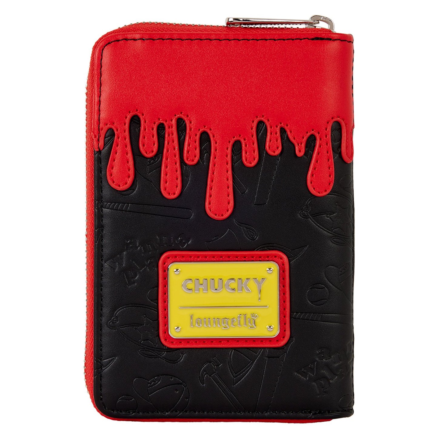 Portefeuille Loungefly – Chucky Jack In The Box – 15 x 10 cm. Portefeuille zippé en simili cuir noir et rouge, décoré de Chucky avec son Jack In The Box, intérieur coloré à motifs Good Guys.