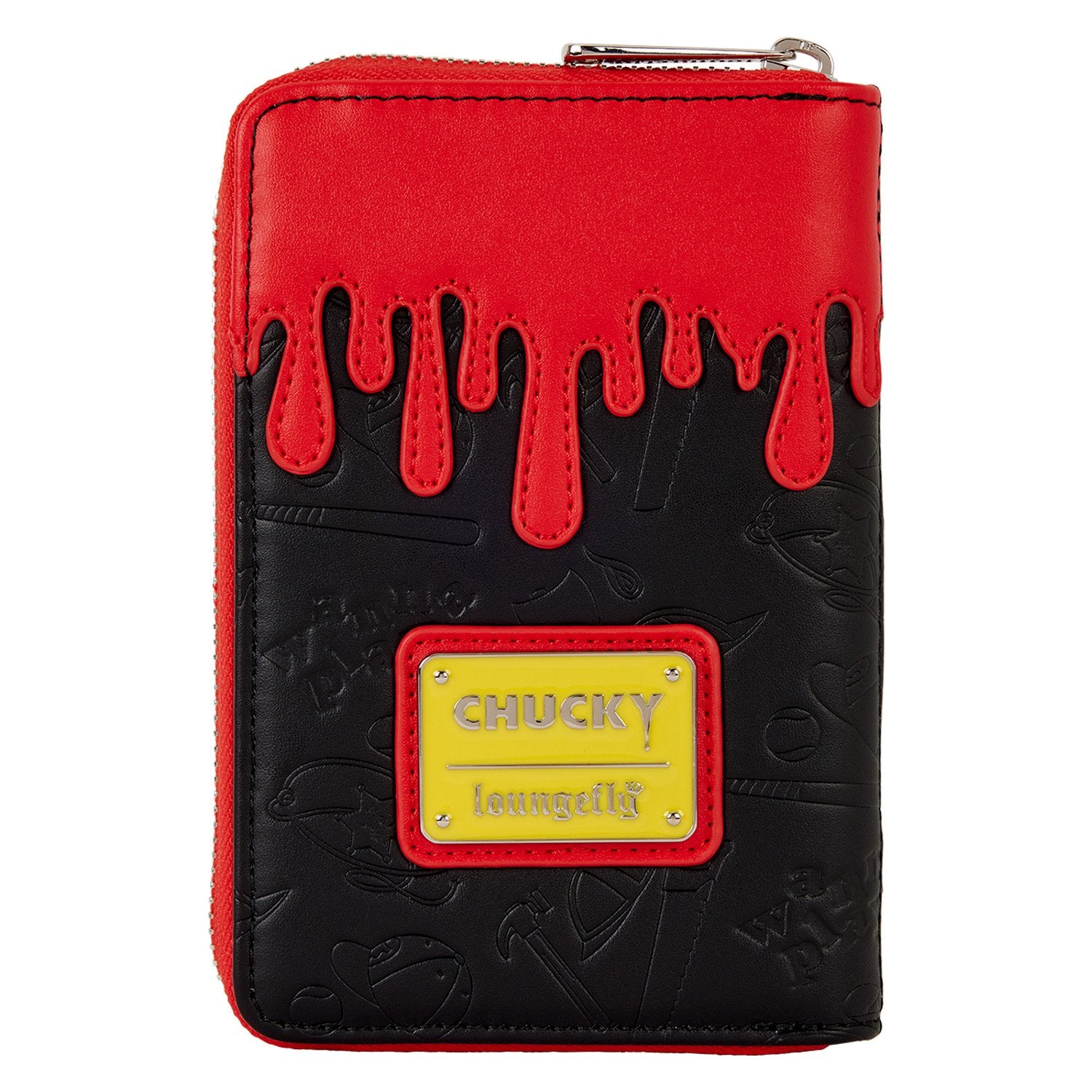 Portefeuille Loungefly – Chucky Jack In The Box – 15 x 10 cm. Portefeuille zippé en simili cuir noir et rouge, décoré de Chucky avec son Jack In The Box, intérieur coloré à motifs Good Guys.